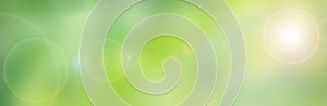 Green Background Panorama Banner - Abstract Blurred Sun Lens Flare - Web Design Graphic. Bright Sunny - Copy Body Text Space