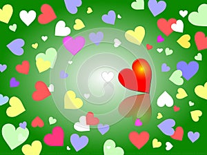 Green Background with Pastel Colors Hearts