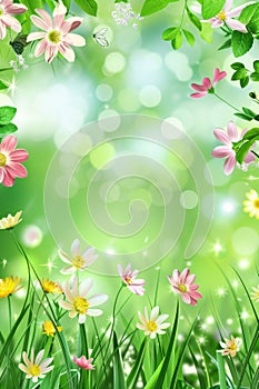 Green Background With Pink and Yellow Flowers