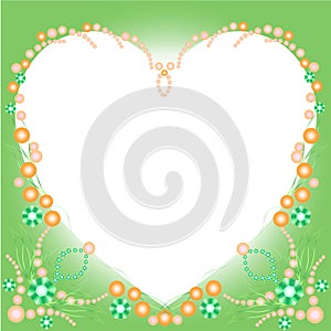 Green background, for postcards, with pearls, beads, emeralds, stone flowers, heart