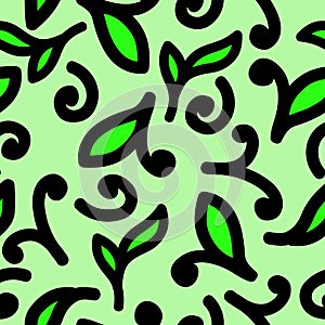 Green background seamless leaves and curlicues. Vecto