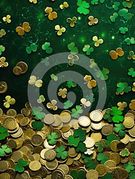 Green background with shamrocks and coins scattered across it. There are several shamrocks, some of which have gold