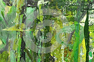 Green background from smeared paints on canvas. St.Patrick`s Day. Green contrast background of oil paints.