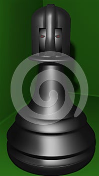 Green background with a stylized black chess pawn as a fighter with a helmet on his head and eyes and hard gaze
