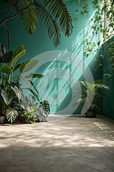 Green Background Teal Blue Shadow Light Overlay Blur Nature on Cement Floor Wall Backdrop photo
