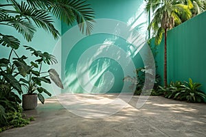 Green Background Teal Blue Shadow Light Overlay Blur Nature on Cement Floor Wall Backdrop photo