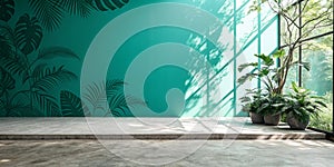 Green Background Teal Blue Shadow Light Overlay Blur Nature on Cement Floor Wall Backdrop photo
