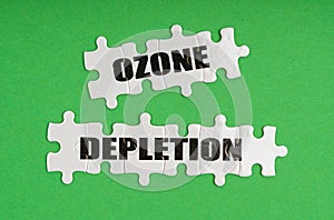 On a green background, there are puzzles on which it is written - ozone depletion