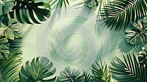 A green background with tropical leaves framing the edges, creating an elegant and refreshing summer atmosphere