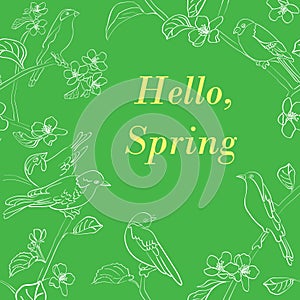 green background with white birds on branches. Vector banner. Floral illustration. Spring garden. Hello spring