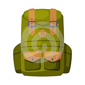 Green Backpack, Front View of Camping Knapsack Flat Vector Illustration on White Background