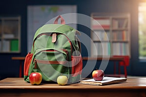 A green backpack in school classroom on the desk. School stationery, stationery, red apple, books, notebooks