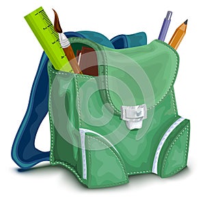 Green backpack with school supplies