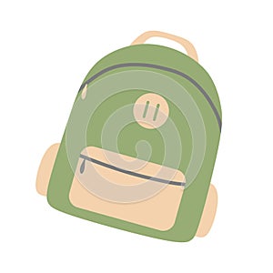 Green backpack in Simple Cartoon style Isolated on white background. School Satchel, Travel rucksack. Vector Flat Illustration of