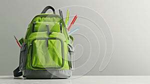 The green backpack with supplies.AI generated image