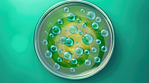 Green bacteria and virus cells in petri dish at scientific laboratory. Mold culture PDA agar. Generative AI.