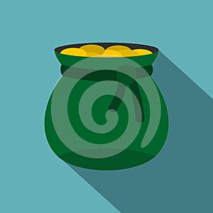 Green bag full of gold coins icon, flat style