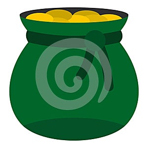 Green bag full of gold coins icon isolated
