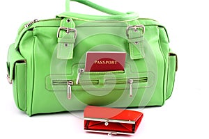 Green bag and red wallet
