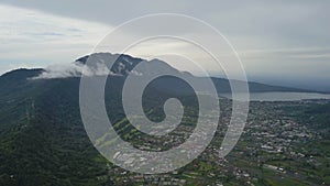 Green Bali landscape. Aerial drone view to Buyan lake and Bedugul village. Indonesia