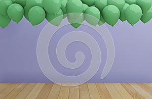 Green balloons floating full in violet pastel background room scene studio. cute minimal idea creative concept. 3D illustratio