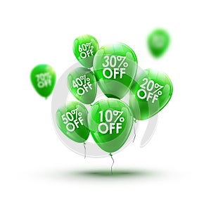 Green balloons market advertisment sale concept. Store or shop marketing banner design. Retail discount background