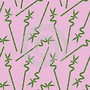 Green bamboo branch with leaves on a pink background seamless pattern asia tropical zen vector