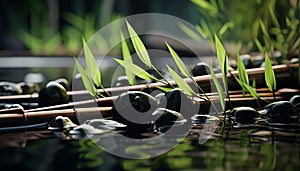 Green bamboo leaf reflects in tranquil pond water generated by AI
