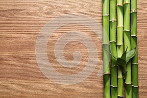 Green bamboo stems and space for text on wooden background