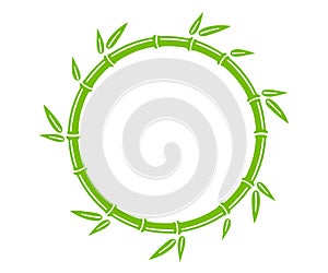 Green bamboo trunk circle frame. Natural round text box. Bamboo branch border with leaves. Blank frame template. Vector