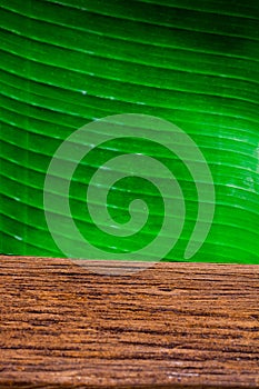 Green banana leaf and wooden on natural detail wallpaper texture background