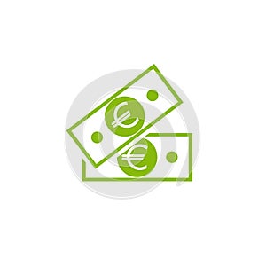 Green bank note with euro sign. Flat icon isolated on white. Money pictogram. Dollar and cash, coin