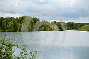 Green Bank with tall trees on the edge of a large reservoir