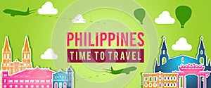 green banner of phillipines famous silhouette colorful style,plane and balloon fly around with cloud