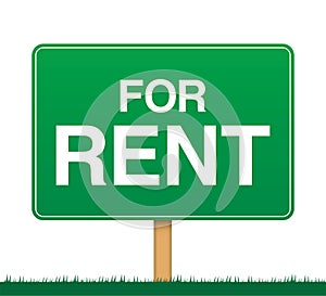 Green banner with FOR RENT text, standing on grass. Property renting placard, vector illustration.