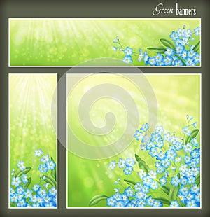 Green banners set with flowers and blurred sunrays