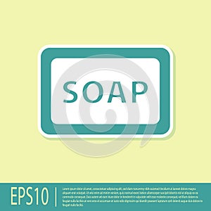 Green Bar of soap with foam icon isolated on yellow background. Soap bar with bubbles. Vector Illustration