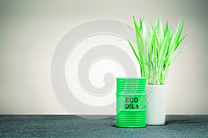 Green barrel with bio fuel and green plant, with place for text.