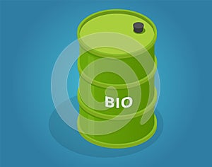 Green barrel of biofuel with word BIO on blue background, alternative renewable energy source