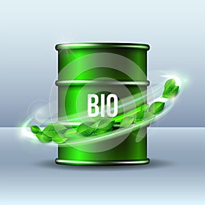 Green barrel of biofuel with word BIO and green leaves