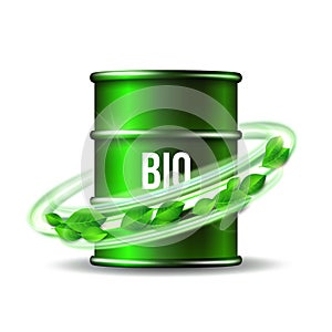 Green barrel of biofuel with word BIO and green leaves