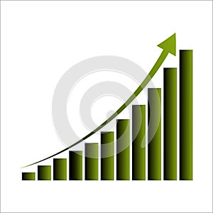 Green bars up arrow. Growth chart sign. Financial report. Green arrow up. Vector illustration. Stock image.