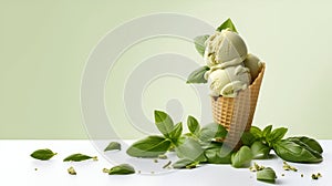 Green basil ice cream in a cone with basil leaves around. Homemade green ice cream with basil and mint on light background. Summer