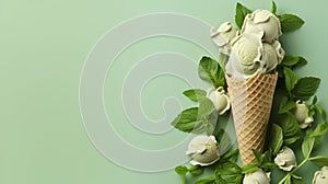 Green basil ice cream in a cone with basil leaves around. Homemade green ice cream with basil and mint on light green background.