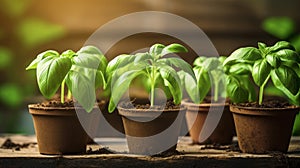 Green basil seedlings in brown flower pots. Young small plants in pots. Concept of gardening, farming, growing vegetables