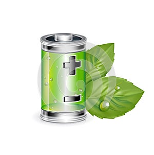 Green battery with leaves isolated on white