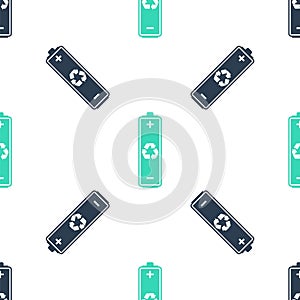 Green Battery with recycle symbol icon isolated seamless pattern on white background. Battery with recycling symbol -