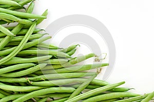 Green beans, corner background, isolated on white, copy space