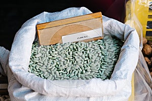 Green beans legume in sack in food marke