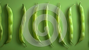 Green beans in a row on green background, symmetrical pattern. Fresh vegetable concept